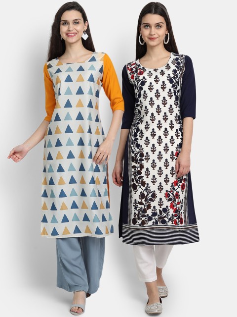 

KALINI Women Multicoloured Ethnic Motifs Printed Thread Work Floral Crepe Kurta, Multi