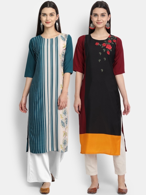 

KALINI Women Multicoloured Striped Floral Crepe Kurta, Multi