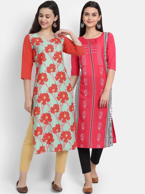 

KALINI Women Set of 2 Ethnic Motifs Printed Crepe Kurta, Green