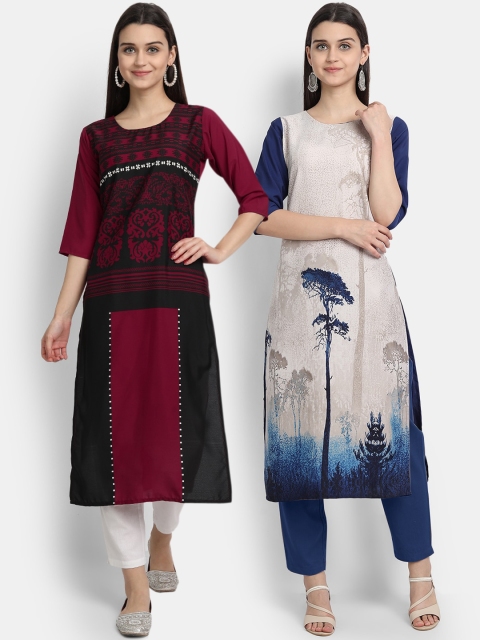 

KALINI Women Pack of 2 Maroon & Blue Ethnic Motifs Printed Crepe Straight Kurta