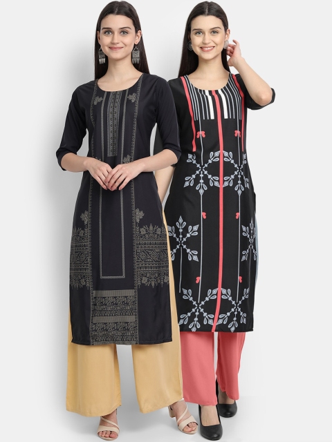 

KALINI Women Multicoloured Geometric Striped Thread Work Floral Crepe Kurta, Multi