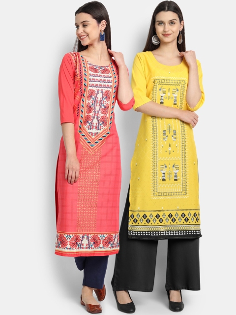 

KALINI Women Pack of 2 Orange & Yellow Ethnic Floral Kurta