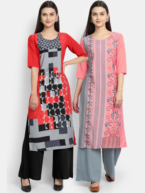 

KALINI Women Pack Of 2 Multicoloured Ethnic Motifs Printed Crepe Kurtas, Multi