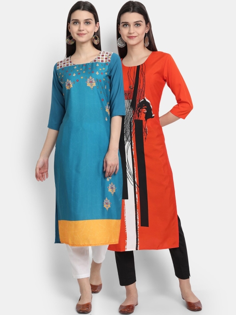 

KALINI Women Pack Of 2 Multicoloured Printed Thread Work Crepe Kurtas, Multi