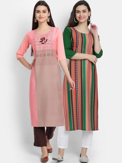 

KALINI Women Pack of 2 Peach-Coloured & Green Geometric Printed Crepe Straight Kurta