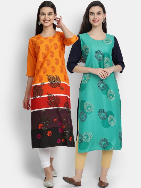 KALINI Women Pack Of 2 Multicoloured Ethnic Motifs Printed Crepe Kurtas, Multi