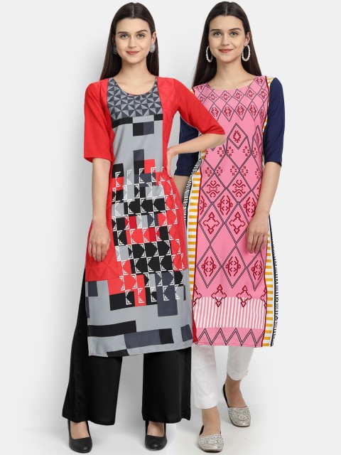 

KALINI Women Pack of 2 Red & Pink Geometric Printed Kurta