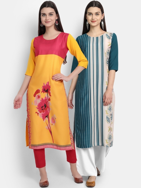 

KALINI Women Pack of 2 Mustard Yellow & Teal Digital Printed Straight Kurtas