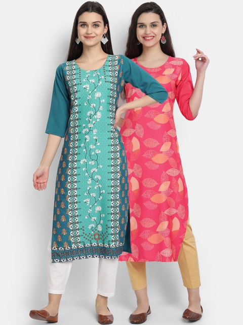 

KALINI Women Pack of 2 Green & Pink Ethnic Motifs Printed Crepe Straight Kurta