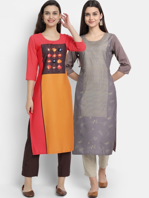 

KALINI Women Pack of 2 Red & Grey Printed Straight Kurta