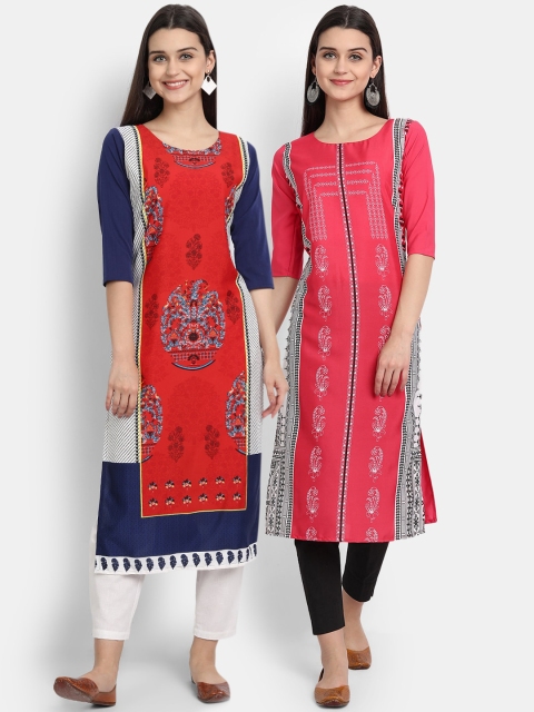 

KALINI Women Pack of 2 Pink & White Ethnic Motifs Printed Crepe Straight Kurta