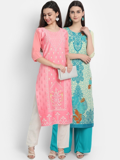 

KALINI Women Pack Of 2 Pink & Blue Ethnic Motifs Printed Kurta