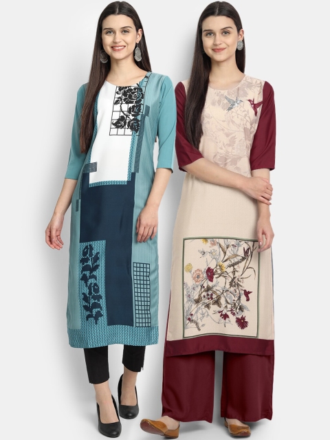 

KALINI Women Blue & Beige Set of 2 Printed Crepe Kurta