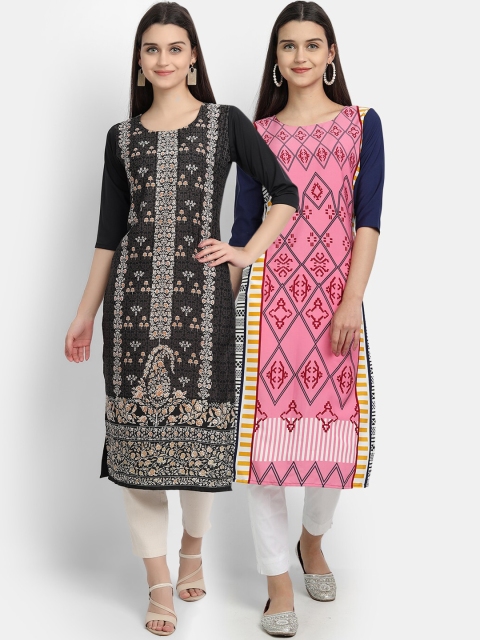 

KALINI Women Pack of 2 Printed Crepe Kurtas, Black