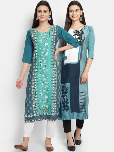 

KALINI Women Set of 2 Multi Printed Patchwork Floral Crepe Kurta