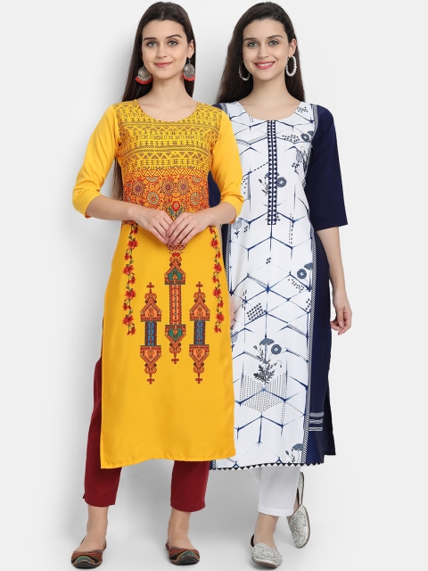 

KALINI Women Pack of 2 Yellow & White Ethnic Motifs Printed Crepe Straight Kurta