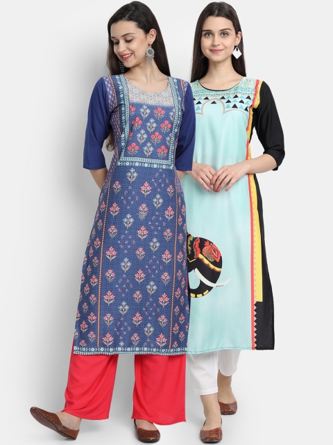 

KALINI Women 2 Blue & Turquoise Blue Ethnic Motifs Printed Crepe Kurta