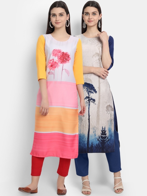 

KALINI Women Pack Of 2 Pink & Yellow Floral Printed Floral Crepe Kurta