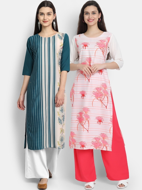 

KALINI Women Pack of 2 Green & White Floral Printed Crepe Straight Kurta