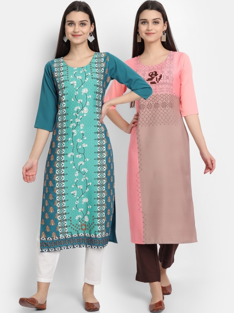 

KALINI Women Teal & Pink Set of 2 Printed Crepe Kurta