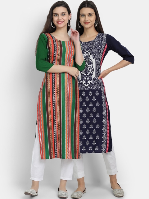 

KALINI Women Pack of 2 Green & Navy Blue Ethnic Motifs Printed Kurta