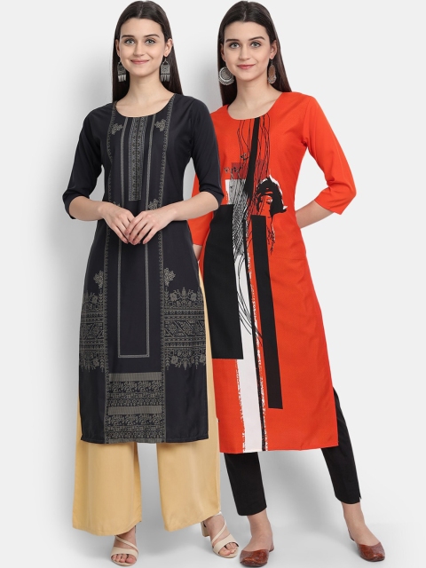 

KALINI Women Multicoloured Geometric Striped Thread Work Floral Crepe Kurta, Multi