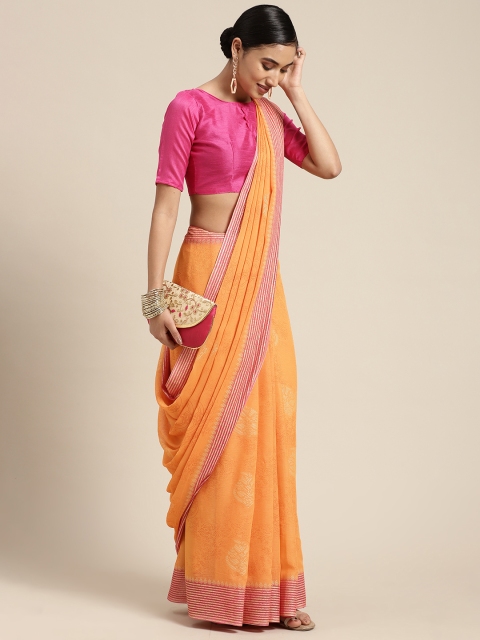 

KALINI Orange & Fuchsia Pink Ethnic Motifs Poly Georgette Saree