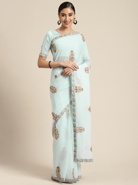 

KALINI Blue & Camel Brown Ethnic Motifs Poly Georgette Saree