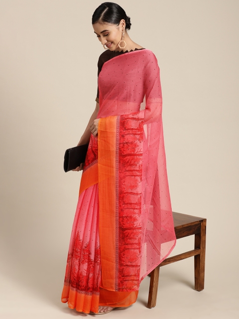 

KALINI Pink & Orange Polka Dots & Tropical Print Poly Georgette Saree