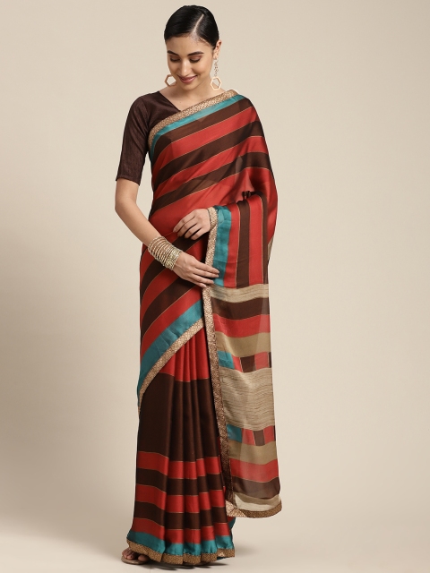 

KALINI Brown & Red Multi Or Variegated Stripes Poly Georgette Saree