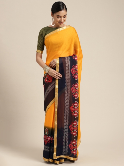 

KALINI Yellow & Navy Blue Ethnic Motifs Poly Georgette Saree