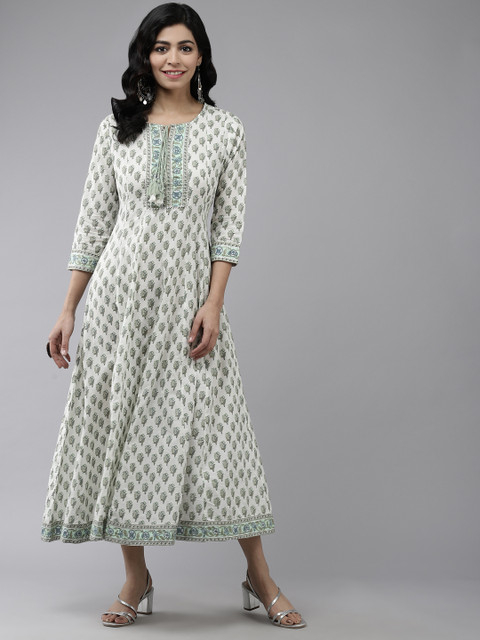 

Yufta White & Green Ethnic Motifs Tie-Up Neck Ethnic A-Line Midi Dress