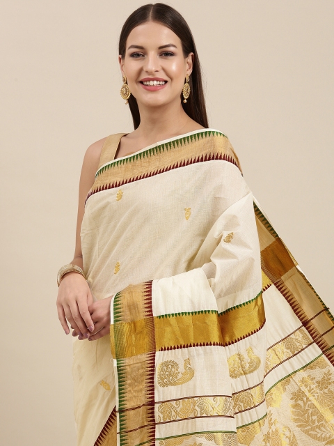 

Pavechas White & Golden Ethnic Motifs Woven Design Pure Cotton Kasavu Saree