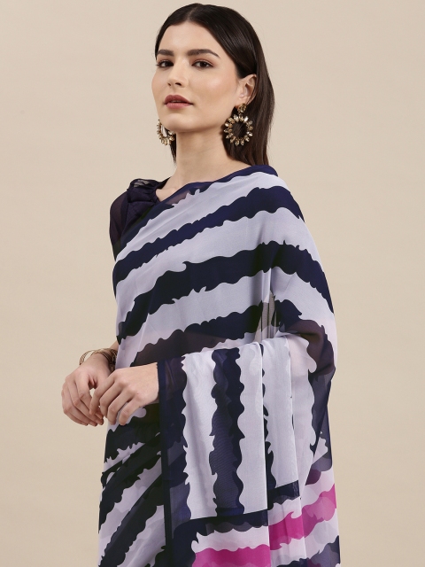 

KALINI White & Navy Blue Striped Saree