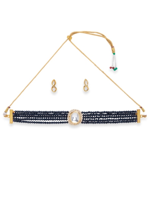

STEORRA JEWELS Gold-Toned Black Kundan Stone-Studded & Beaded Jewellery set