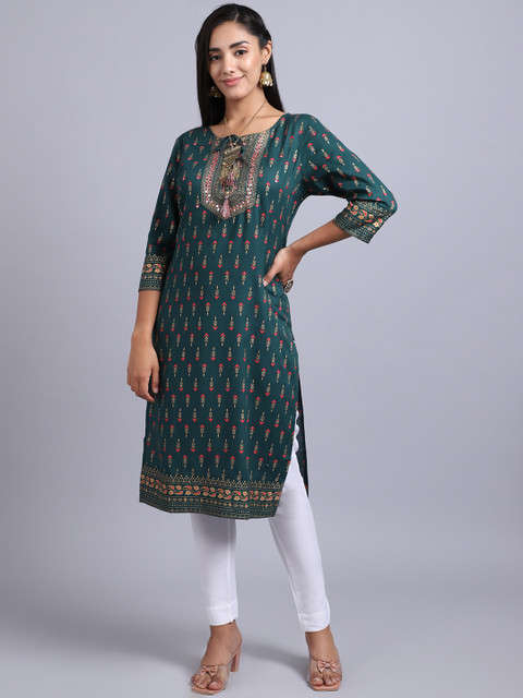 

ANAISA Women Green Ethnic Motifs Yoke Design Mirror Work Kurta with Trousers