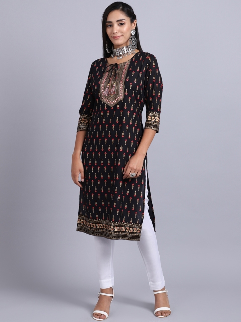 

ANAISA Women Black Ethnic Motifs Yoke Design Mirror Work Kurta with Trousers