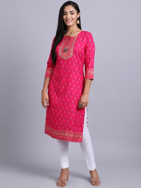 ANAISA Women Pink Ethnic Motifs Yoke Design Mirror Work Kurta with Trousers