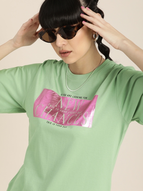 

DILLINGER Women Green & Pink Typography Cotton Oversized Longline T-shirt