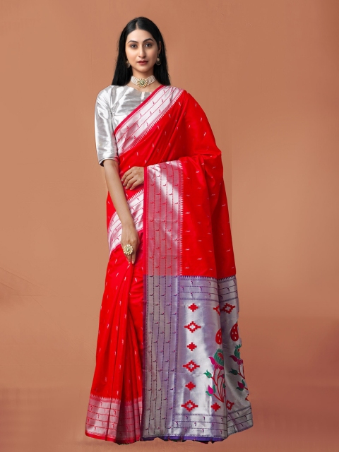 

Unnati Silks Red & Silver-Toned Ethnic Motifs Zari Art Silk Paithani Saree