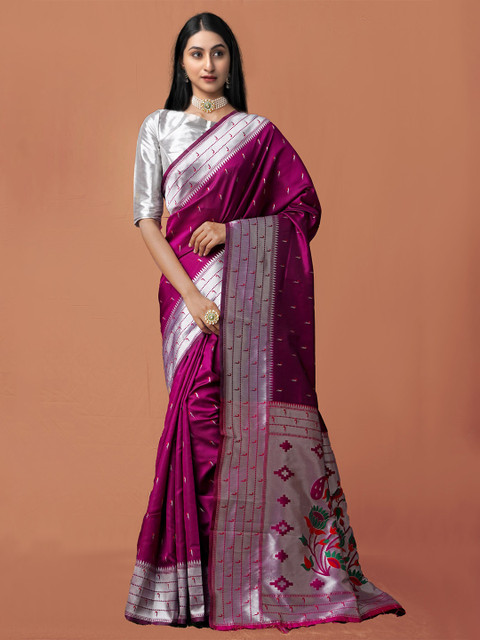 

Unnati Silks Burgundy & Silver-Toned Ethnic Motifs Zari Art Silk Paithani Saree