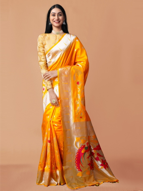 

Unnati Silks Yellow & Gold-Toned Ethnic Motifs Art Silk Paithani Saree