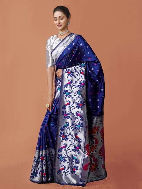 

Unnati Silks Navy Blue & Silver-Toned Floral Zari Art Silk Paithani Saree