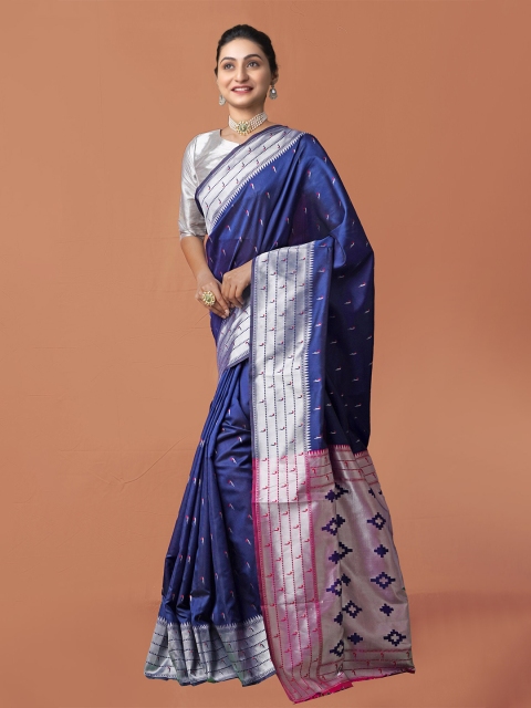 

Unnati Silks Navy Blue & Silver-Toned Ethnic Motifs Art Silk Paithani Saree