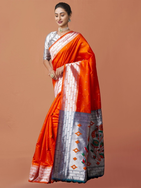 

Unnati Silks Orange & Silver-Toned Ethnic Motifs Zari Art Silk Paithani Saree