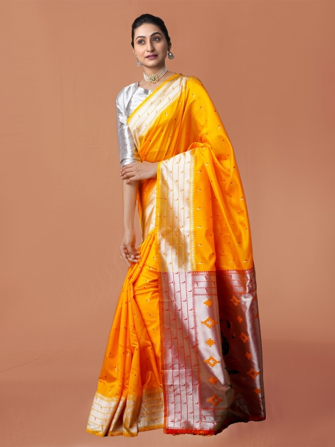 

Unnati Silks Yellow & Silver-Toned Ethnic Motifs Zari Art Silk Paithani Saree