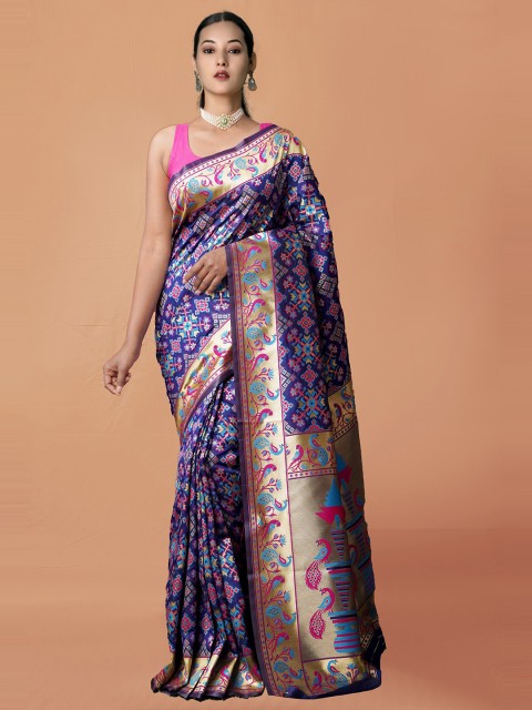 

Unnati Silks Women Navy Blue & Pink Woven Design Silk Saree