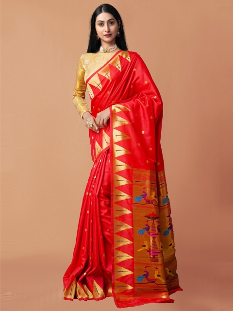 

Unnati Silks Red & Gold-Toned Woven Design Art Silk Paithani Saree