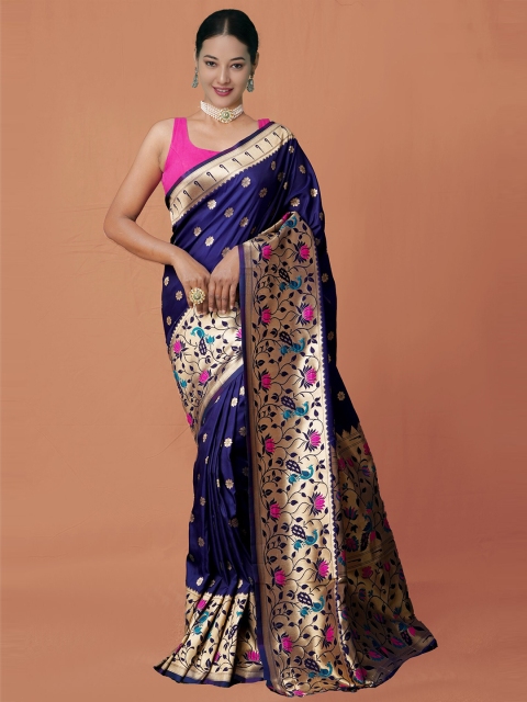 

Unnati Silks Navy Blue & Gold-Toned Floral Zari Art Silk Paithani Saree