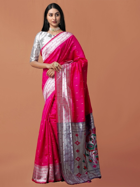 

Unnati Silks Pink & Silver-Toned Ethnic Motifs Zari Art Silk Paithani Saree